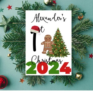 Babys erste bearbeitbare Weihnachtskarte und Vorlage zum Feiern des ersten Lebensjahres Ihres Babys, angeboten in Hoch- und Querformat