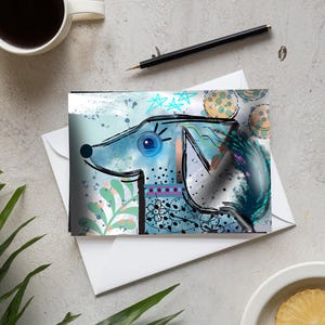 Whimsical Dog Greeting Card: Abstract Teal & Blue Pet Art
