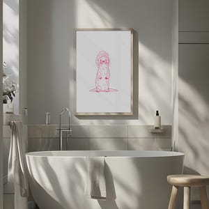 Pink Line Art Süßer Otter Cartoon - Trendiges Badezimmer Dekor | Moderne minimalistische Tierdruck für Zuhause