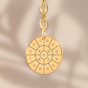 Op de afbeelding: Een goudkleurige hanger met een cirkelvormige bedel met een segmentontwerp met letters. De hanger is verbonden met een ketting en een cirkelvormige hoepel. De bedel heeft de letters: t, d, s, g, b, Ve, v, z, H, w, y, c, u, t, μ, e.