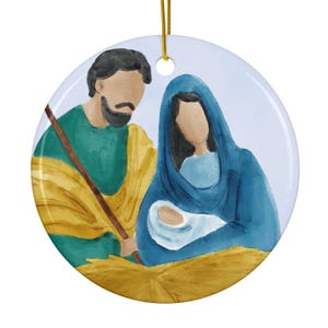 Christmas Manger Ornament -- Ceramic Watercolor Bethlehem Nativity Scene Keepsake Decoration Gift for Your Christian Friends and Family