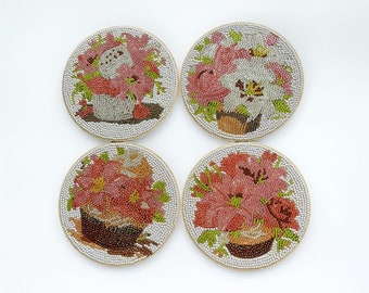 Diamond art, diamond painting, trivets, hot plates, lilies, set of 4, metal holder, sealant