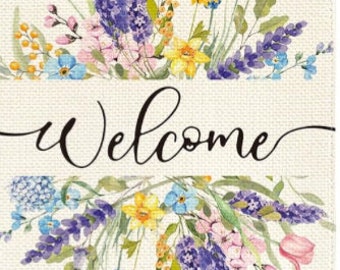 Garden flag, welcome, flowers, welcome spring, welcome summer, double sided