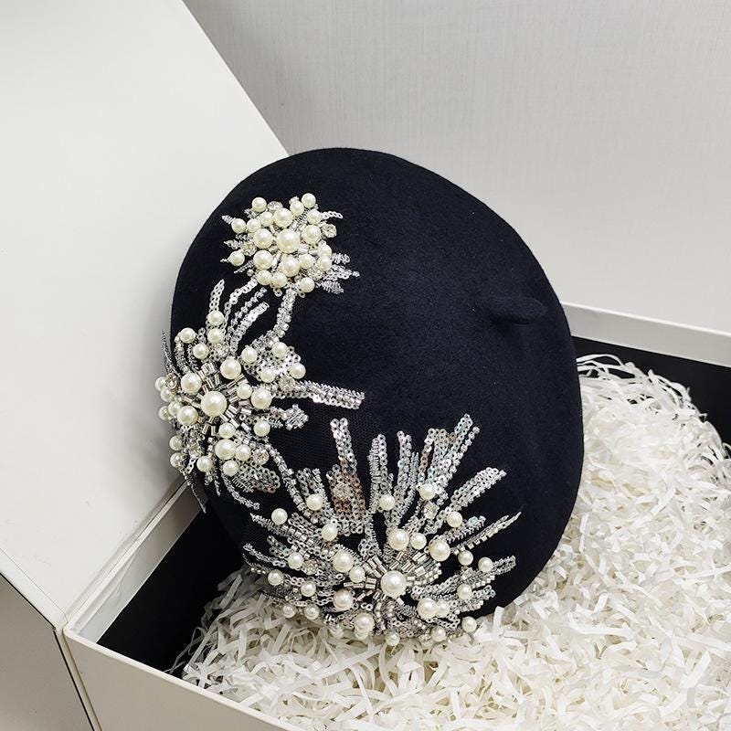 Pearl-Embellished Black Wool Beret - Women Accessories 5612 Women Girls Beaded Pearl Rhinestone Wool French Beret  main image 4