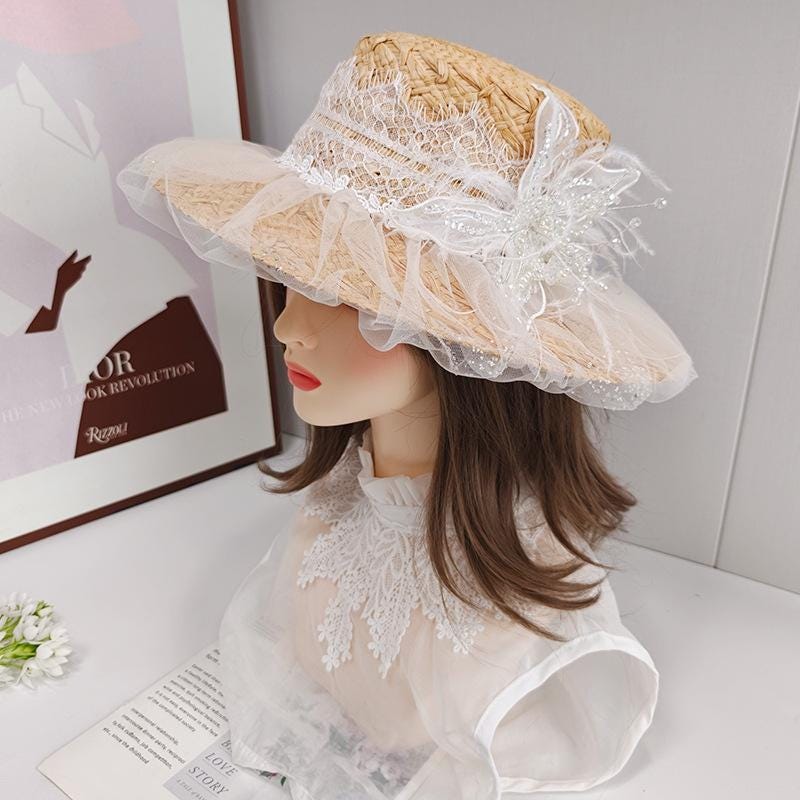 Jezebel Ivory Straw Dress Hat with Tulle Bow and Pearl Accent Ivory Suede Pearl Hat - Tulle Bow Cowboy Hat - Bride Western  main image 2