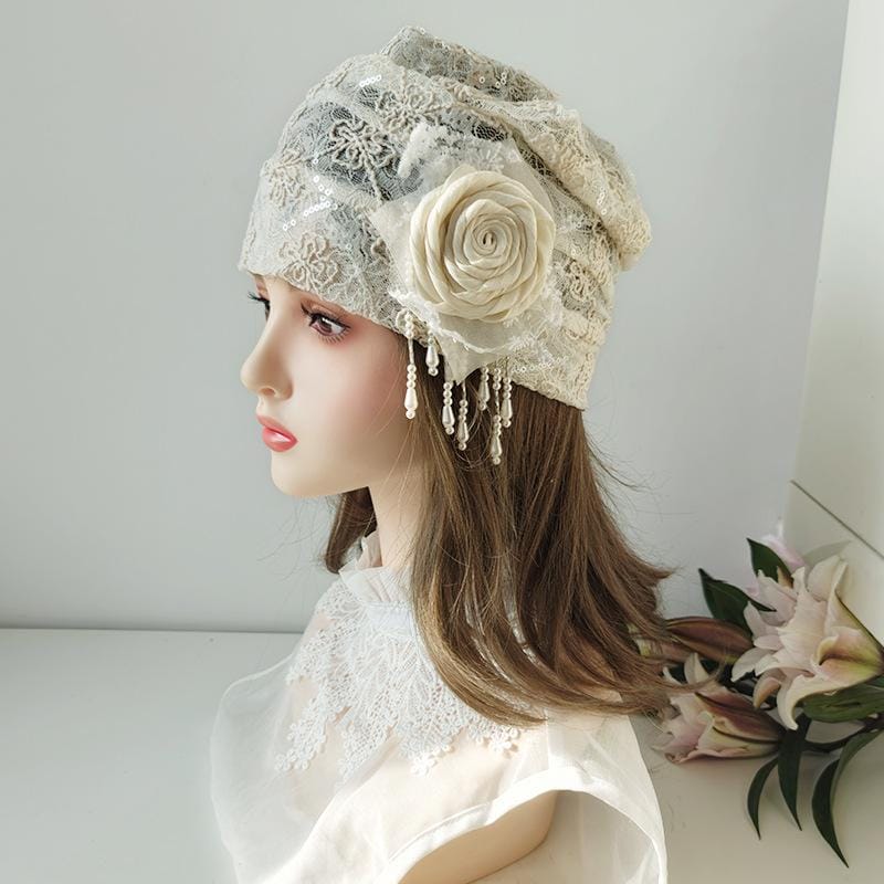 Vintage Lace Rose Beret With Pearl Tassel Sequined Floral Lace Hat ...