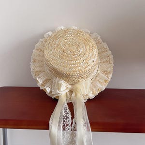 Handmade Cottagecore Straw Hat with Lace Bow Vintage Garden Sun Hat | Mori Girl Prairie Ribbon Bonnet | Fairycore Gift