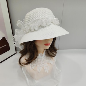 White Straw Sun Hat: Crystal Bow, Hepburn Style, UV Protection
