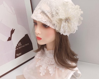 Lace Beanie Hat for Women Hollow Out Floral Turban Cap Vintage Sequin Flower Winter Head Wrap Hat