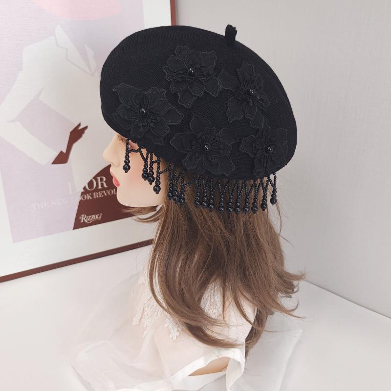 Lace Flower Beret Women Pearl Tassel Artist Hat Knit Hollow