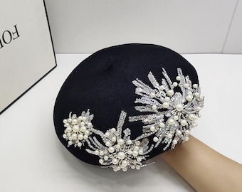 Elegant Wool Beret with Pearl & Rhinestone Embellishment Black Winter Beret Luxury Designer Beaded Hat Gift For Her