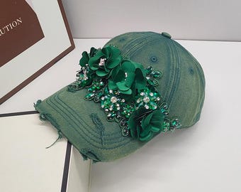 Emerald Green Floral Baseball Cap: Rhinestone Sequin Sun Hat 