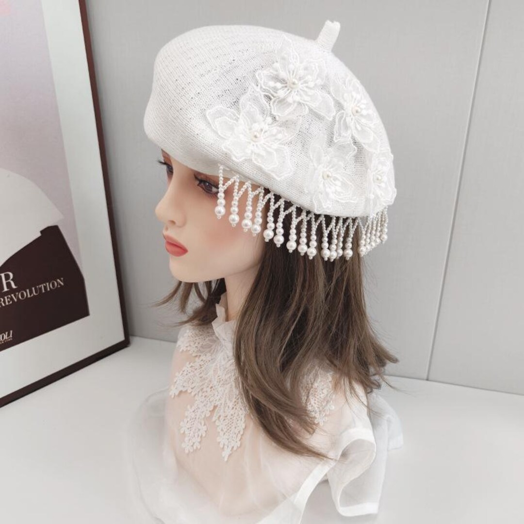 Lace Flower Beret Women Pearl Tassel Artist Hat Knit Hollow