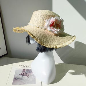 Wide Brim Straw Sun Hat: 3D Flower, Pearl Accent - Beach & Garden