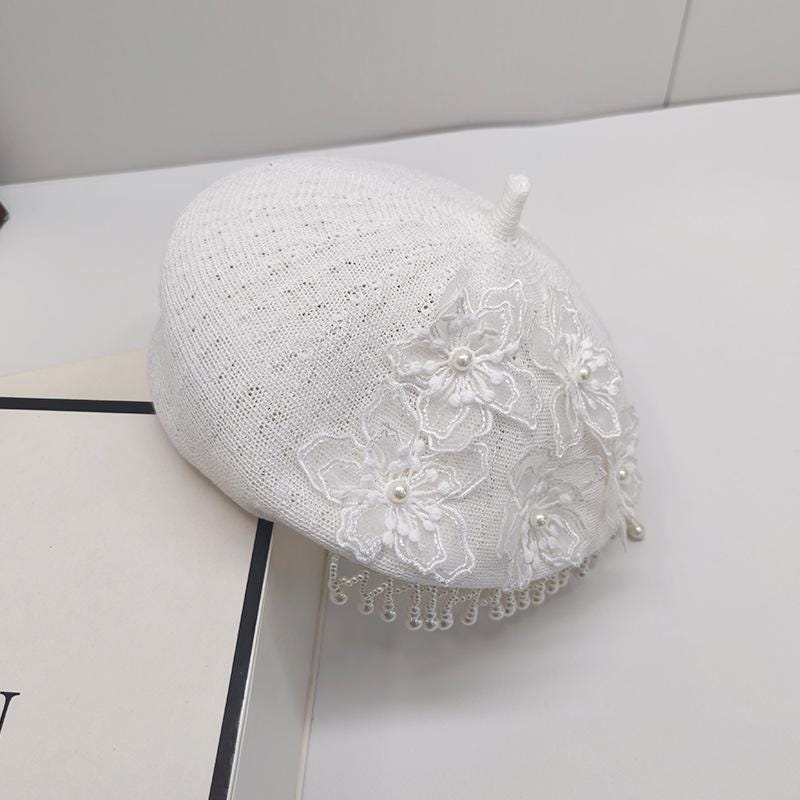 Lace Flower Beret Women Pearl Tassel Artist Hat Knit Hollow