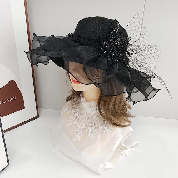 Vintage Black Organza Derby Church Hat Whitall Shon White Fabric Kentucky Derby Church Hat Organza  main image 3