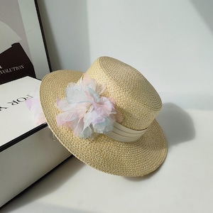 Floral Straw Boater Hat: Lace & Pearl Tassel, Elegant Sun Protection