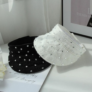 Luxury Rhinestone Sun Visor Hat Textured Wrinkled Design, Open Top Sun Hat for Women – Summer UV Protection Beach Hat