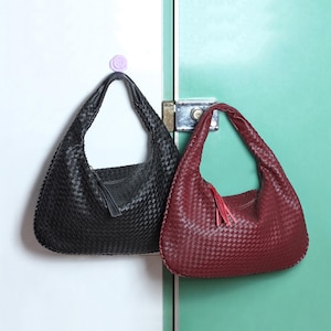 Large leather woven bag-Vegan bag for women-Burgundy dumpling bag-Luxury knot slouchy bag-Shoulder bag-Travel handbag-Leather hobo bag