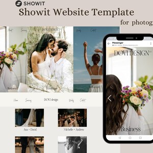 May include: Showit website template for photographers. The design features a website layout on a laptop and a smartphone displaying a wedding theme. The smartphone shows the text "DOVI DESIGN" and "Business".