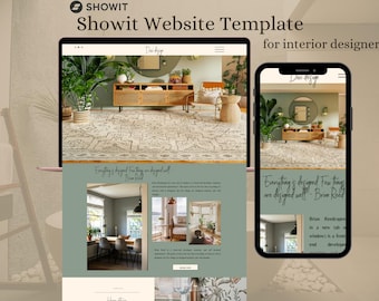 May include: A Showit website template for interior designers is displayed on a laptop and a smartphone. The website showcases interior design elements, with text that reads "Everything is designed. Few things are designed well."