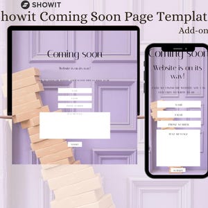 May include: A website coming soon page template with a purple background and a stacked wooden block design. The template includes a form to collect visitor information, including name, email, phone number, and text message.