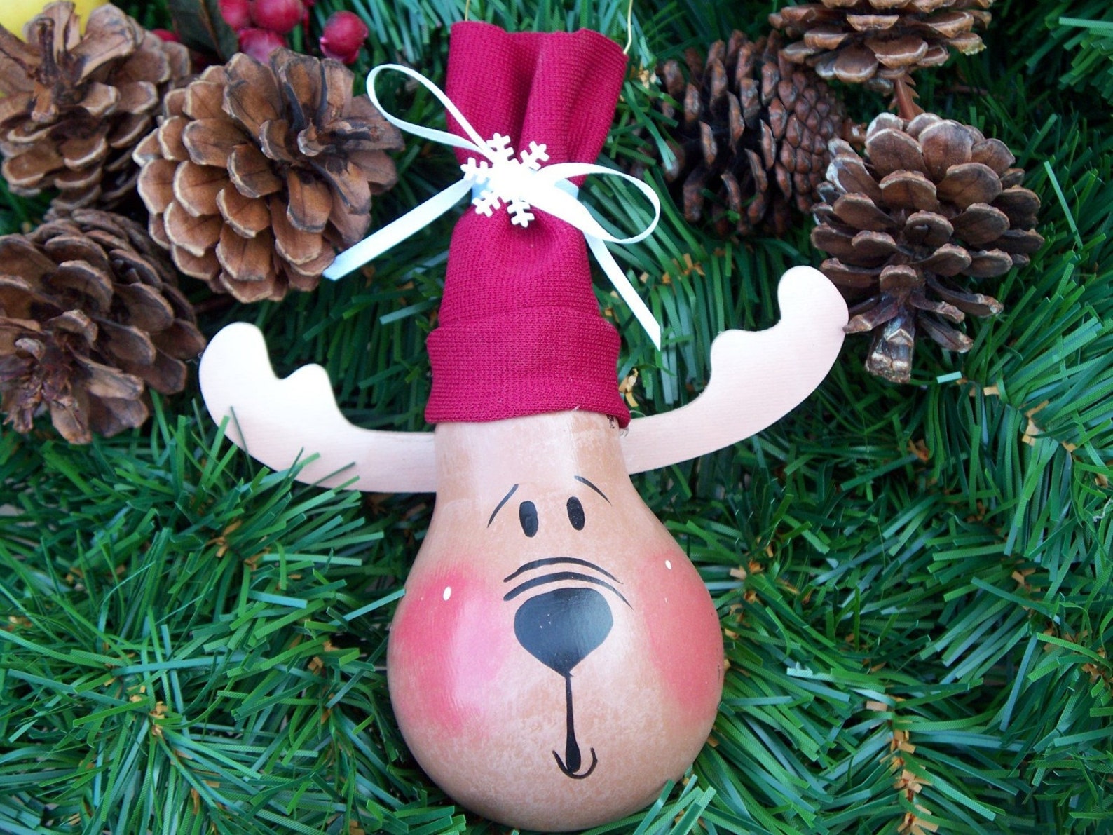 Reindeer Christmas Ornament Hand Painted Christmas Ornament Handmade Light Bulb Ornament by Watt