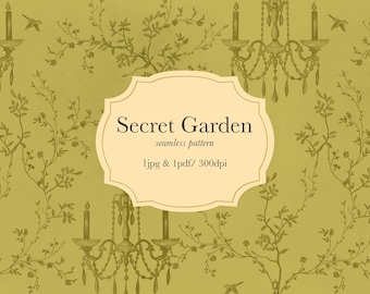 Secret Garden Seamless Pattern, Green Baroque Floral Paper, Vintage Chandelier and Birds PNG, PDF, Instant Download