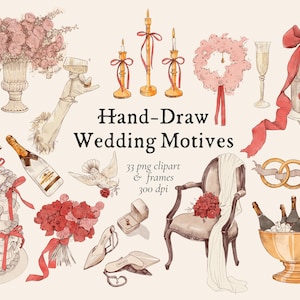 Hochzeit Clipart Aquarell mit roten Akzenten Bogen, Vögel, Rahmen und Blumen, Hochzeitseinladung, Hochzeitsrahmen, Clipart im französischen Stil