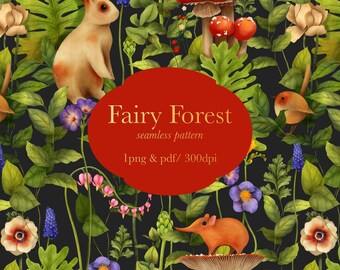 Fairy Forest Seamless Pattern PNG, Wildflower and Animal Clipart, Botanical Woodland Digital Download
