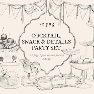 Conjunto de fiesta de aperitivos y detalles de cóctel, clipart de menú de boda, menú de bar, invitación de boda, clipart de boda, celebración, marco barroco