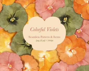 Colorful Violets Clipart PNG, Seamless Floral Pattern and Individual Flowers, Watercolor Botanical Set for Scrapbooking, Stickers & Packagin