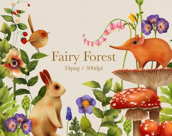 Fairy Forest PNG Clipart, Wildflower and Animal Bundle, Floral Borders, Rabbits and Birds Illustration