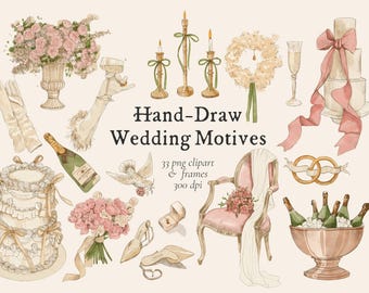 Vintage Wedding Clipart Set, Watercolor Floral Frames (PNG)