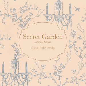 Secret Garden Seamless Pattern, French Blue Toile, Vintage Floral, Bird Illustration