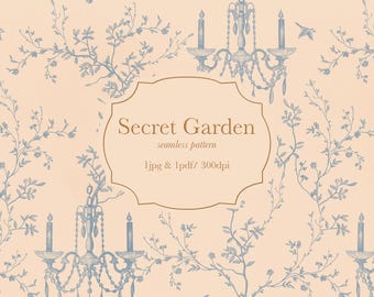 Secret Garden Seamless Pattern, French Blue Toile, Vintage Floral, Bird Illustration