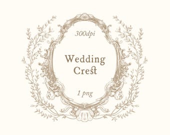 Wedding Crest PNG, Vintage Floral Frame Clipart, Beige Baroque Border, Elegant Renaissance Invitation Design