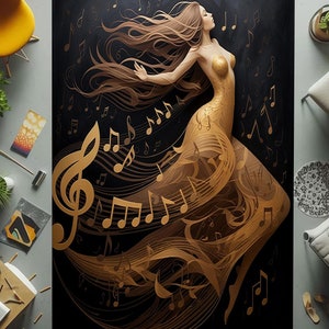 Music Themed Bamboo Area Rug: Artistic Woman Silhouette