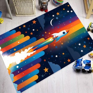 Rocket Kids Rug: Space Travel Nursery Mat, Boys Room Decor
