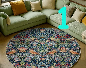 William Morris Strawberry Thief Rug: Victorian Floral Round Area Rugs, 4 Variation