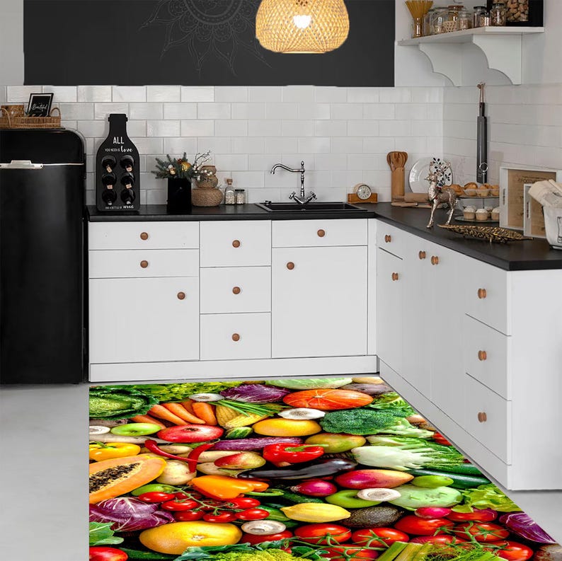Colorful Fruits and Vegetables Kitchen Rug: Restaurant Art Decor - Etsy