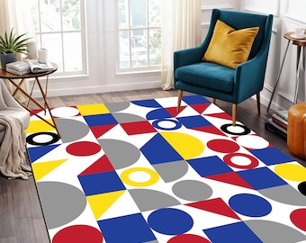Alfombras Bauhaus: estampado geométrico abstracto, decoración minimalista.