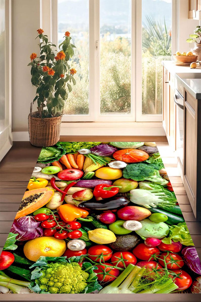 Colorful Fruits and Vegetables Kitchen Rug: Restaurant Art Decor - Etsy