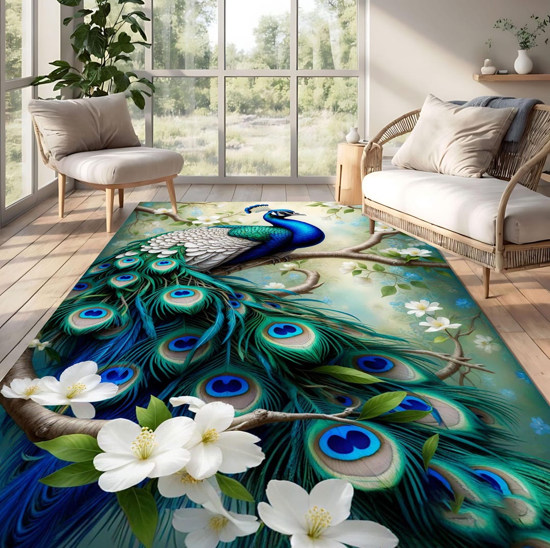 Colorful Peacock Rug, Peacock Rectangle Rug, Peacock Rug, Large Rug ...