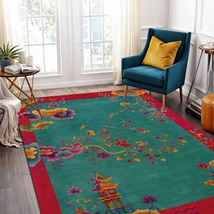 Vintage Plum Blossom Chinese Rug: Oriental Pagoda Design