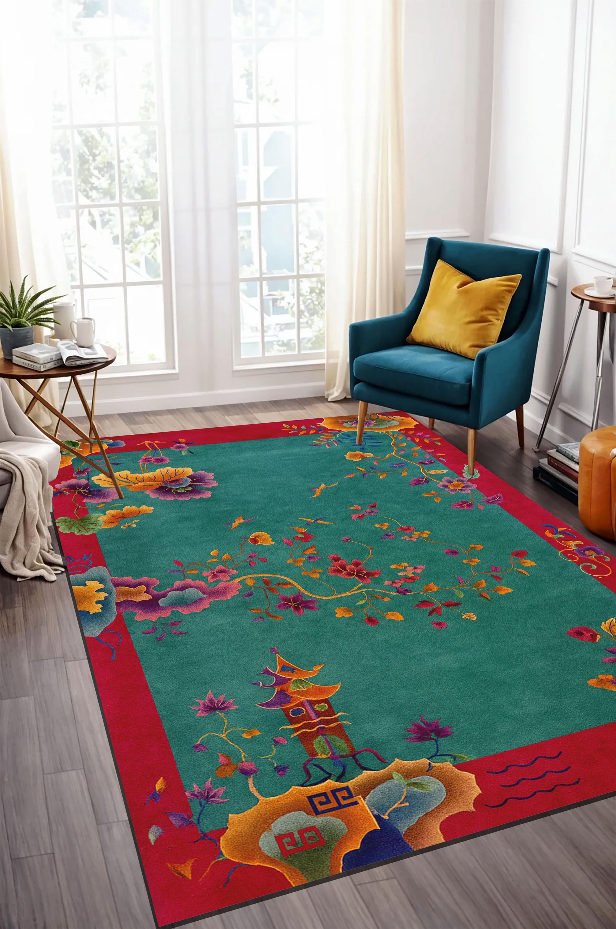 Vintage Plum Blossom Chinese Rug: Oriental Pagoda Design - Etsy