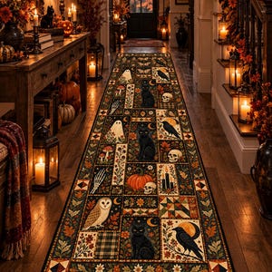 Vintage Halloween Runner Rug, Black Cat Ghost Pumpkin Patchwork Carpet, Spooky Autumn Hallway Decor