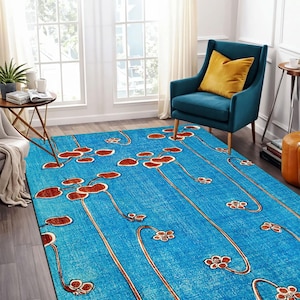 Japanese Art Nouveau Rug: Blue Floral Vintage Style Carpet