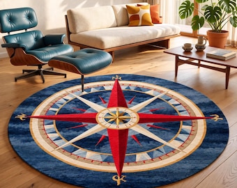 Nautical Compass Rug: Navy Blue Coastal Decor, Ocean Theme