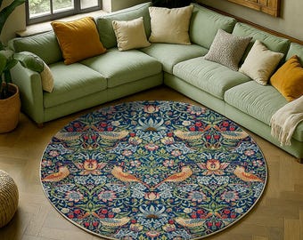 William Morris Strawberry Thief Rug: Victorian Floral Round Area Rugs